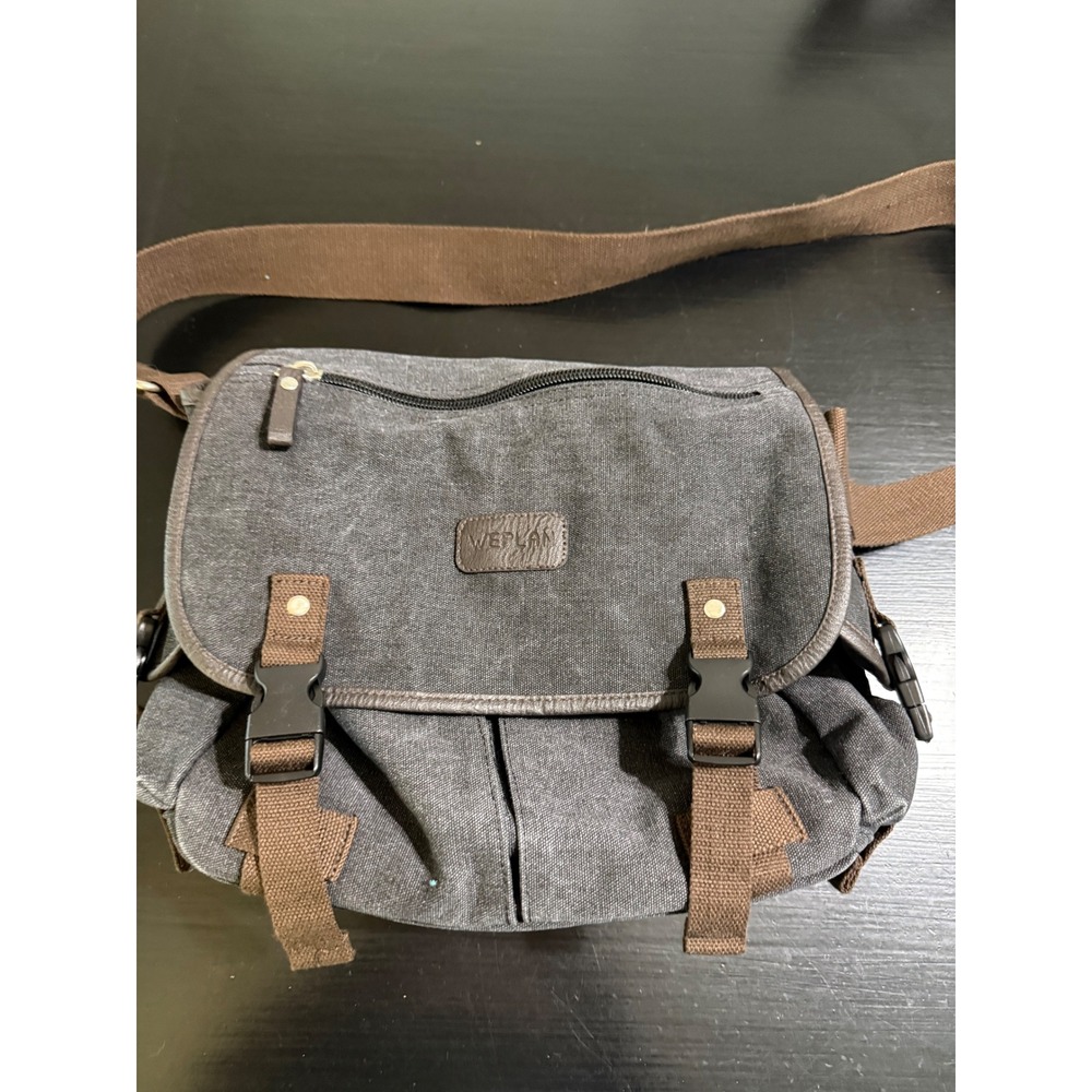 Weplan Canvas Messenger Bag Charcoal Gray Brown Crossbody Travel Satchel